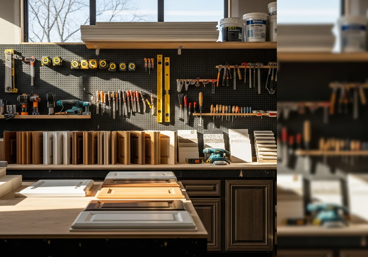 Interior remodeling workspace with tools, materials, and finished cabinetry samples on display.
