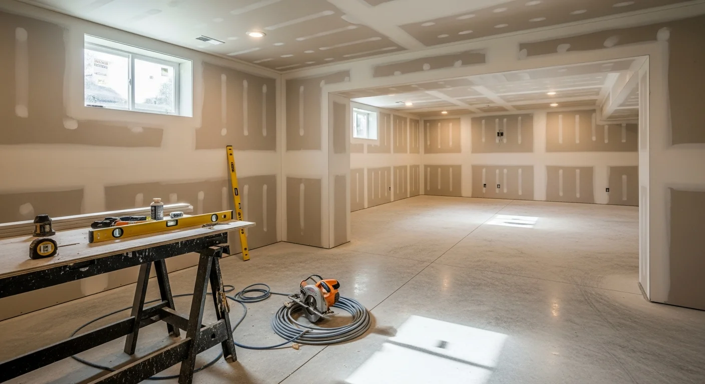 Finished basement with drywall and flooring