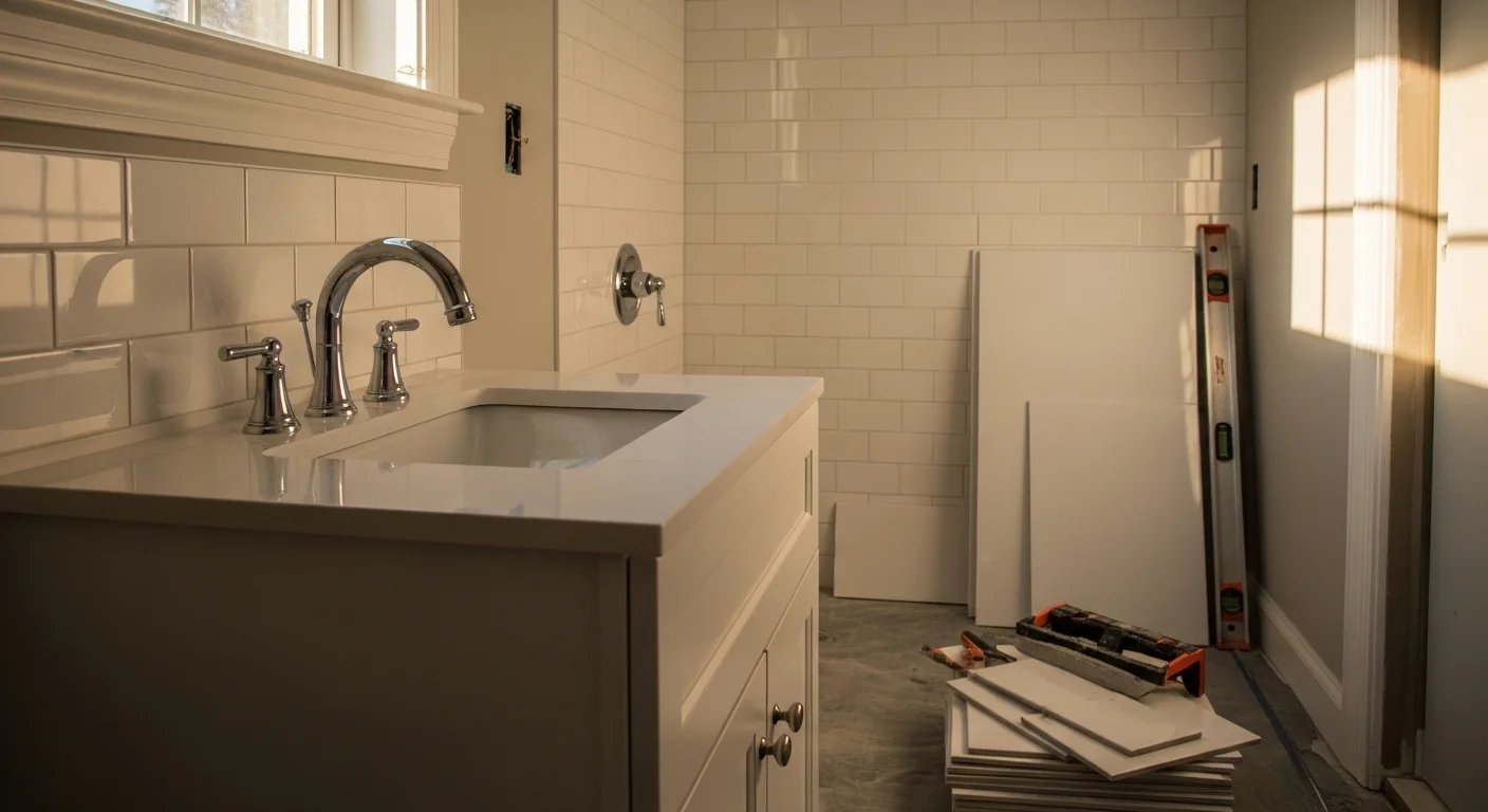 Renovated bathroom with new tile and fixtures