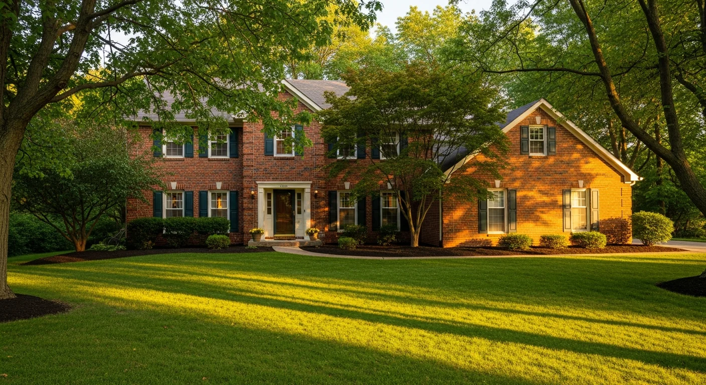 Mature trees and manicured lawn in front of a brick Ballwin home on a quiet residential street.