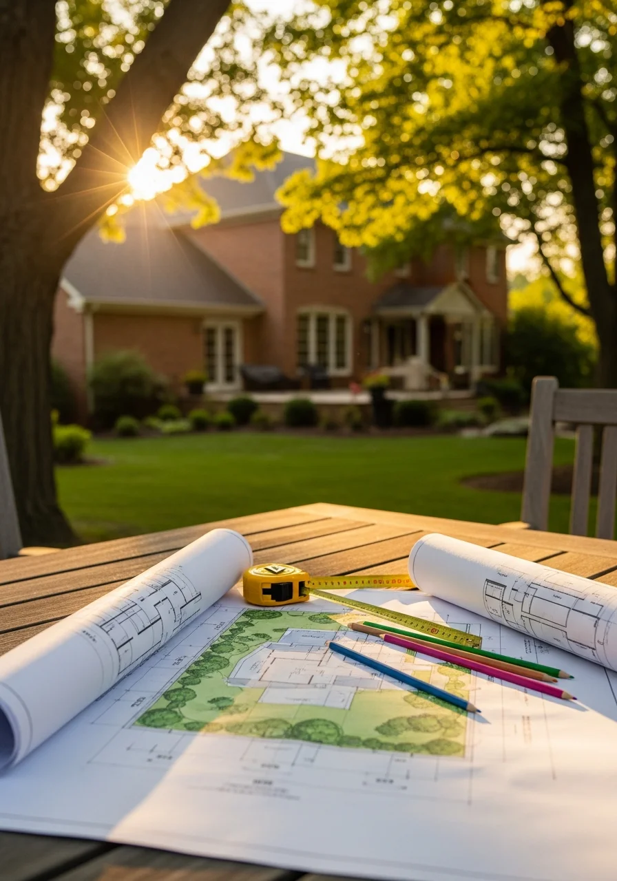 Chesterfield homeowner reviewing landscape plans with a professional in their backyard.