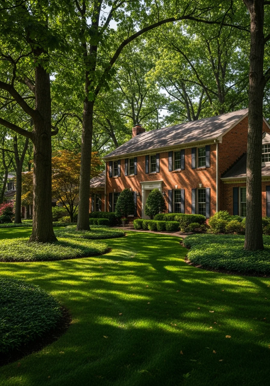 Professional team working on a west county property with established landscaping and mature trees.