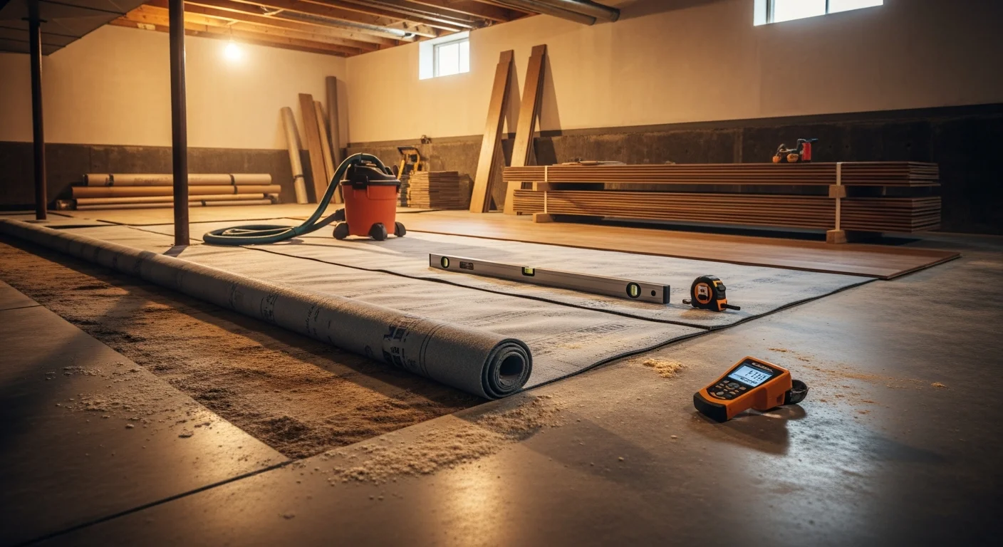 Newly installed waterproof plank flooring covering a finished basement in a Ballwin, Missouri home. The concrete slab is fully covered with clean, level flooring ready for furniture and everyday use.