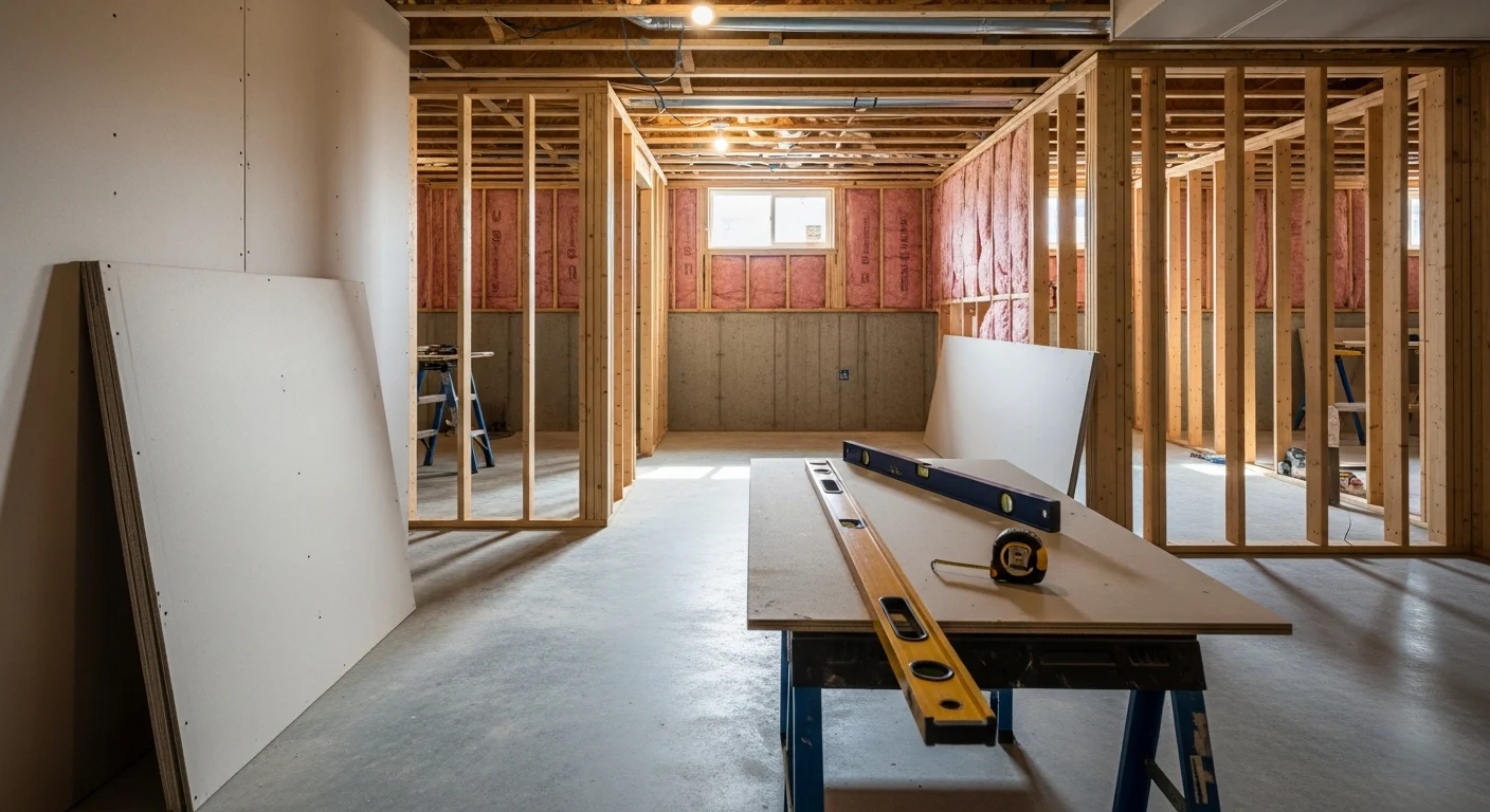 A finished basement in a Ballwin, Missouri single-family home featuring drywall walls, recessed lighting, and durable flooring. The space is set up as a family room with a clean, livable layout typical of remodeled lower levels in St. Louis County homes.