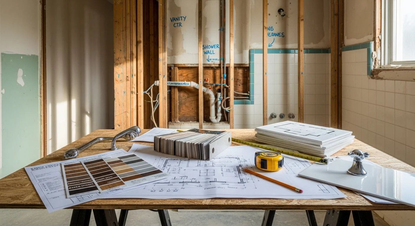 A redesigned bathroom in a Ballwin, Missouri single-family home showing a reconfigured vanity layout, updated tile work, and a walk-in shower replacing an older tub-and-surround configuration. The space reflects a practical, owner-directed design typical of Romine Contracting LLC bathroom remodeling projects in the area.