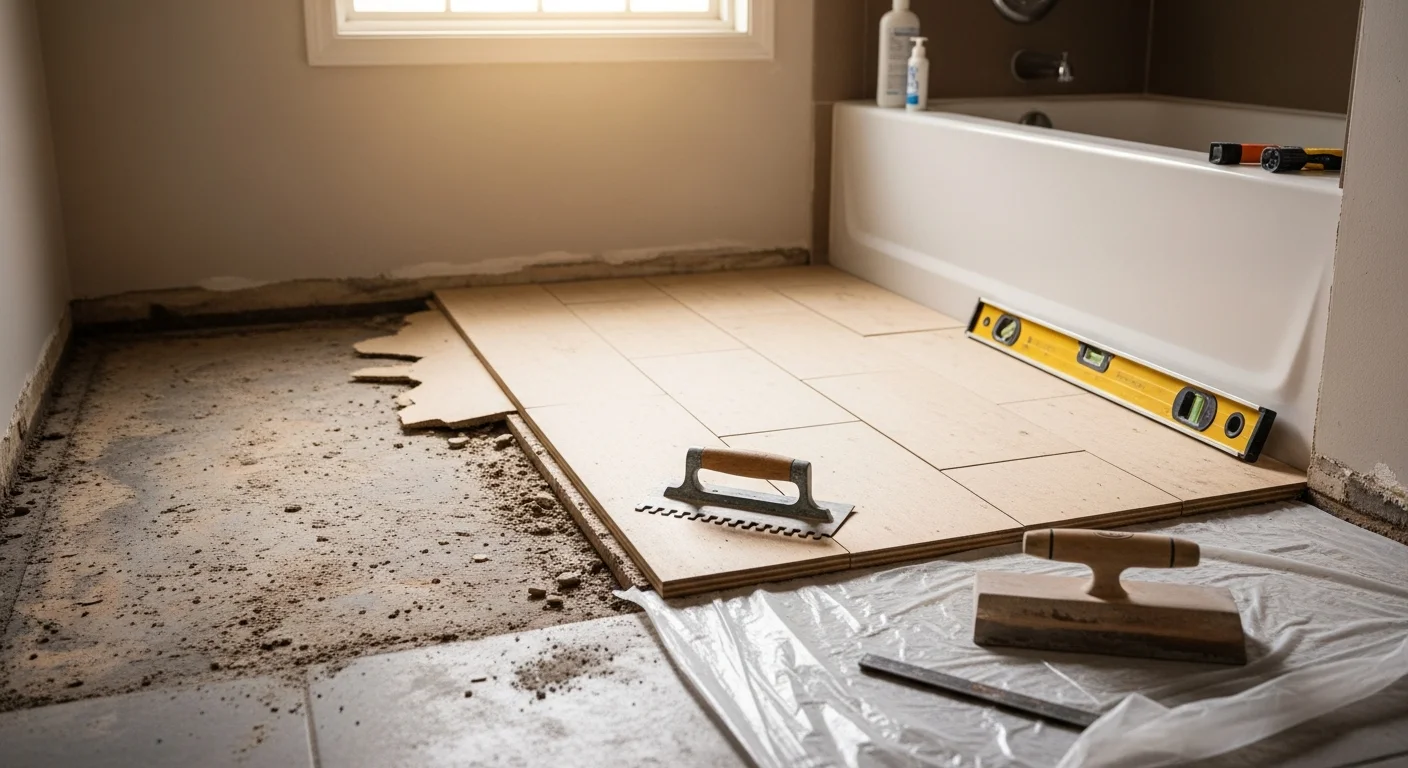 Newly installed water-resistant bathroom floor in a Ballwin, MO home, showing clean grout lines and precise cuts around a toilet base and vanity. The finished floor contrasts with white fixtures in a bright, updated bathroom interior.