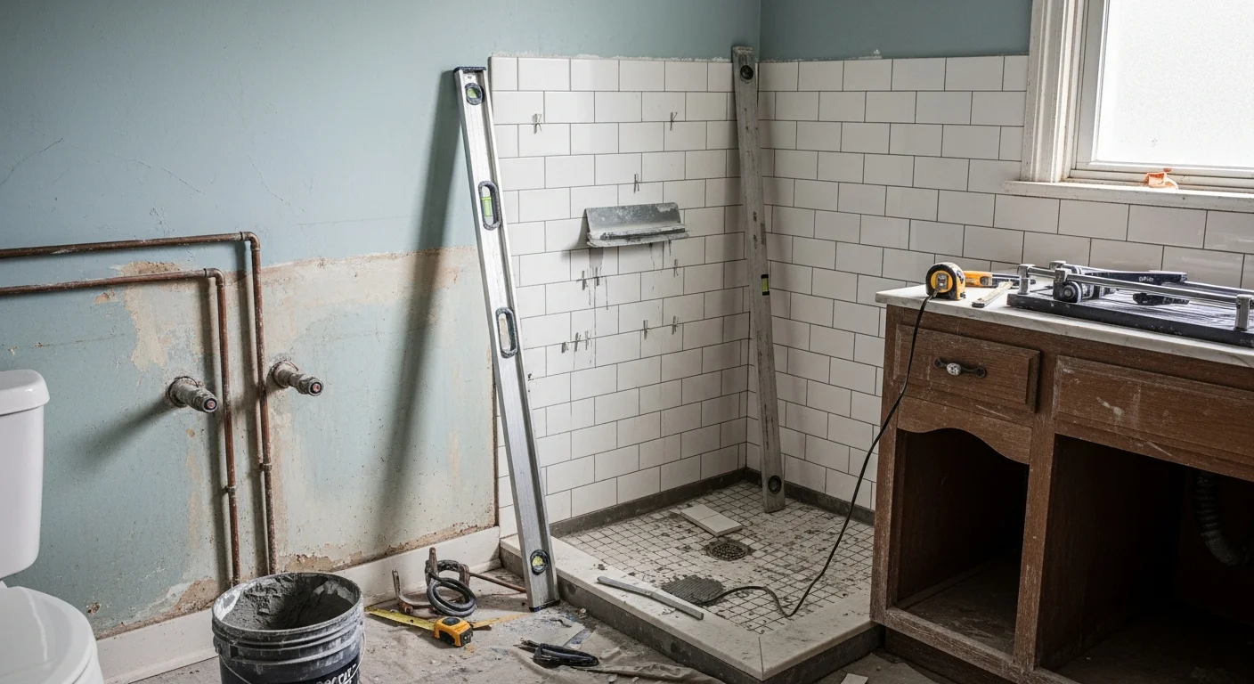 A remodeled bathroom in a Ballwin, MO single-family home featuring a tiled walk-in shower, updated vanity, and new flooring. The space reflects a clean, functional layout typical of West St. Louis County home renovations completed by Romine Contracting LLC.
