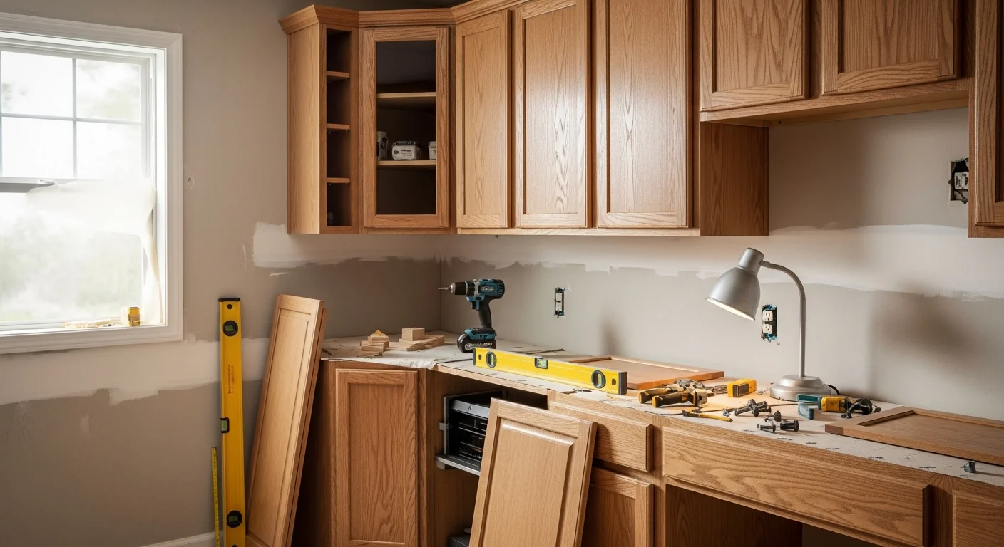 Newly installed custom wood-tone kitchen cabinets with brushed hardware in a Ballwin, MO home, showing upper and lower runs fitted flush to painted drywall. Open cabinet doors reveal interior shelf spacing sized for a standard kitchen layout.