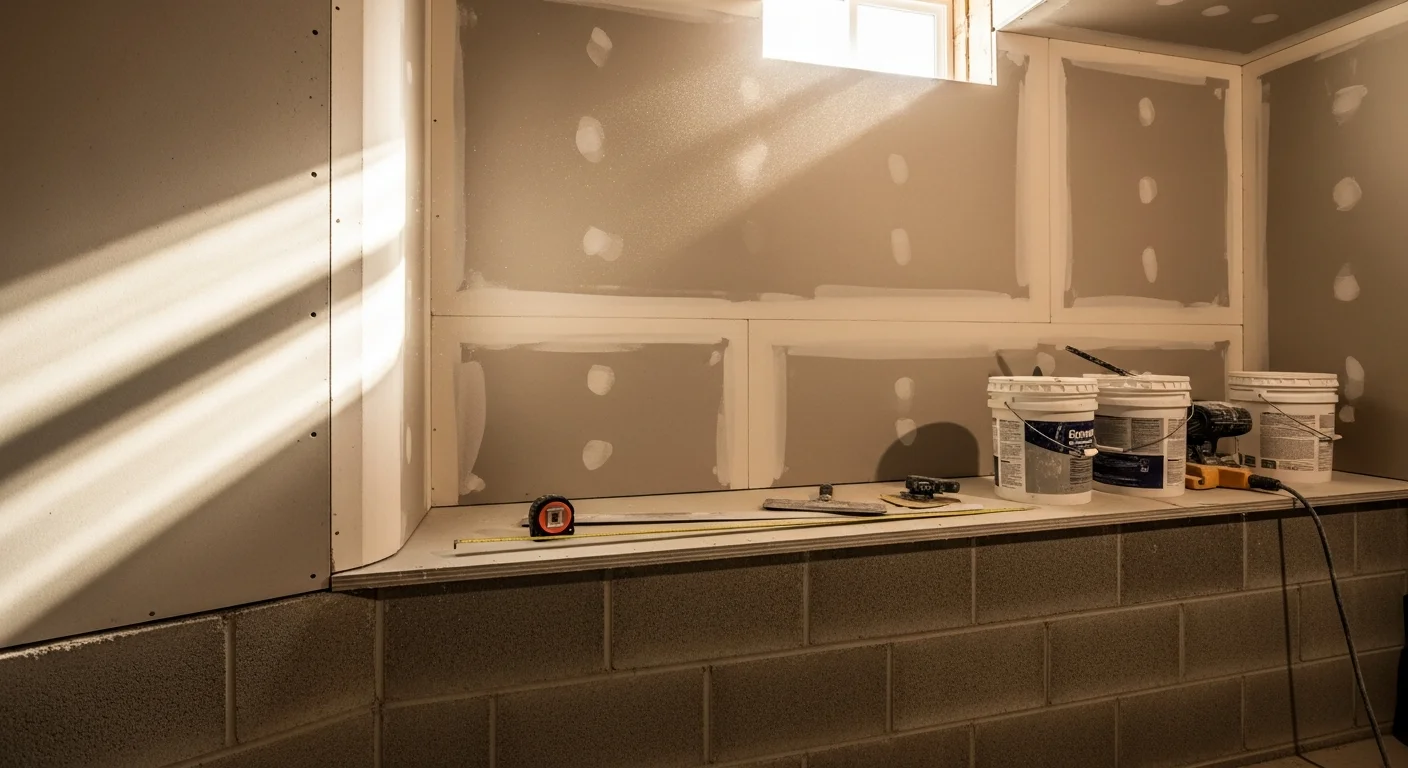 Freshly finished drywall walls and ceiling in an unfinished Ballwin, MO basement remodel, showing smooth taped seams ready for paint. The space includes a framed soffit over ductwork and even wall surfaces throughout the lower level.