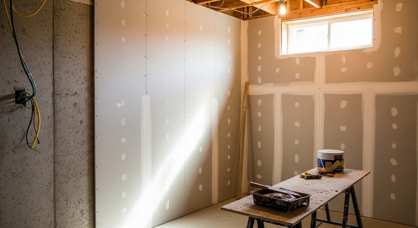 Freshly installed and taped drywall covering framed basement walls inside a Ballwin, Missouri home during a basement remodeling project. Smooth, sanded wall surfaces are visible under overhead lighting, ready for paint.