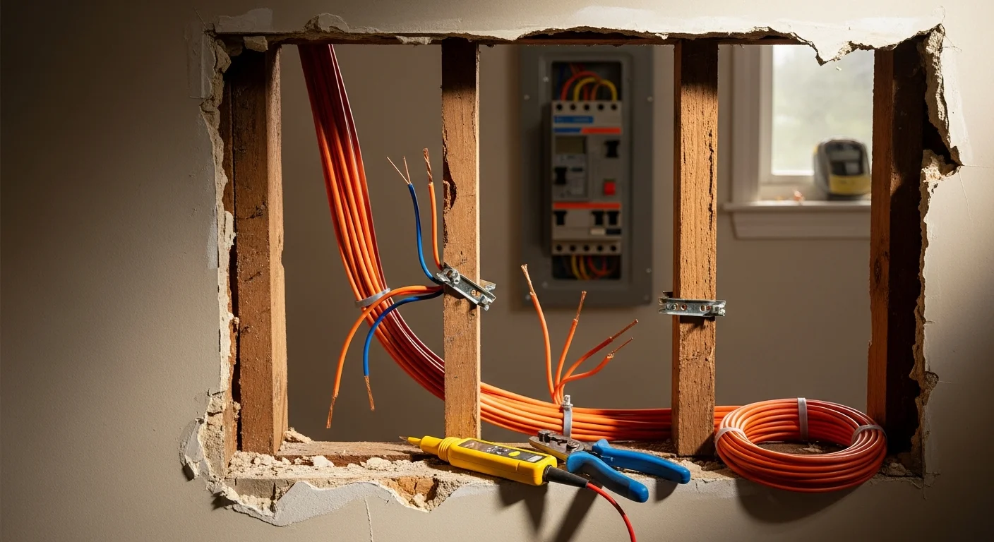 A residential electrical installation in a Ballwin, Missouri home showing a newly wired outlet panel and clean circuit runs in a remodeled room. The work reflects code-compliant installation typical of West St. Louis County home renovation projects.