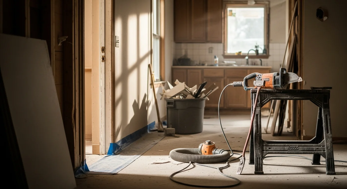 Interior of a Ballwin, Missouri home mid-demolition with drywall removed from walls and ceiling, exposing wood framing in a gutted room. A cleared concrete subfloor and open stud walls show the space ready for renovation work.
