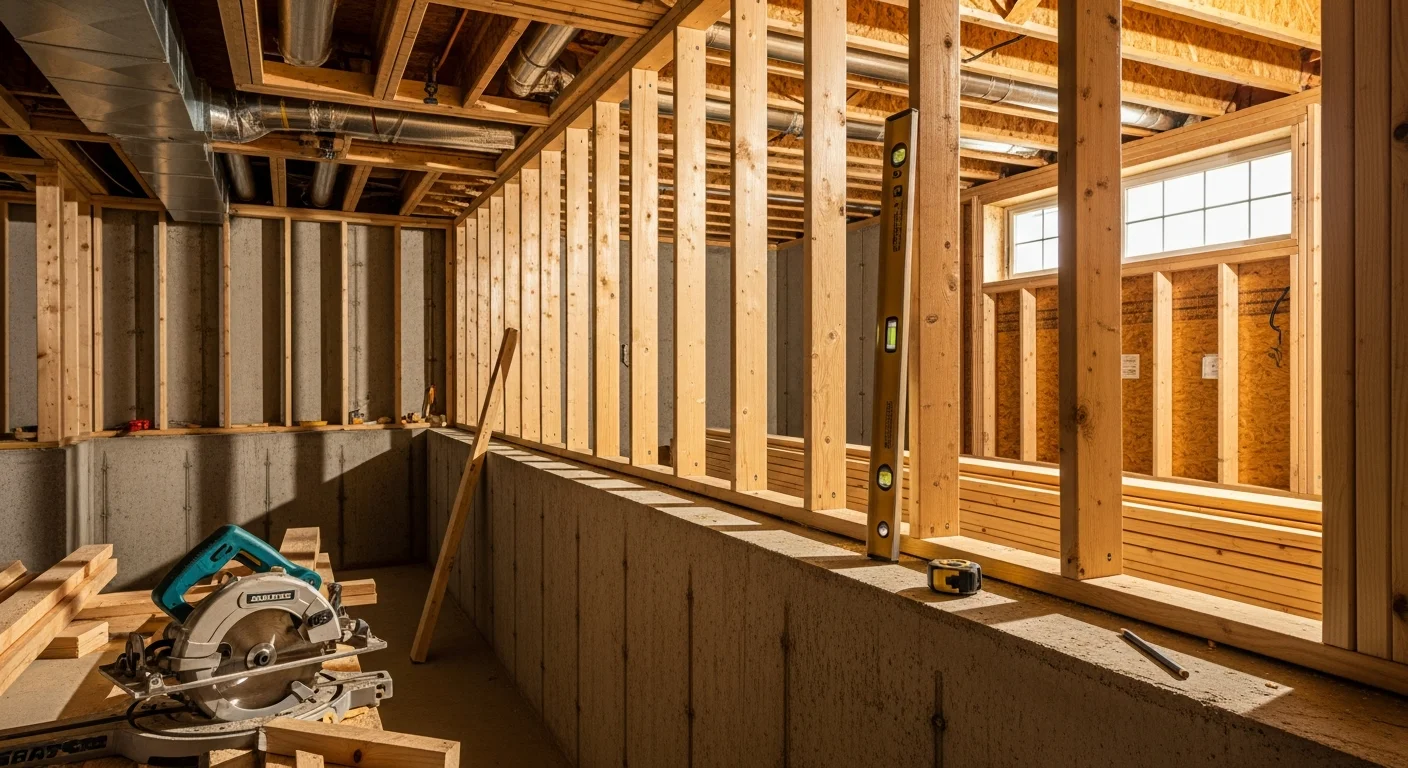 Newly framed interior basement walls in a Ballwin, Missouri home, showing wood stud partitions dividing an open concrete foundation into separate rooms. Soffit framing wraps around overhead ductwork with rough door openings visible in the wall sections.