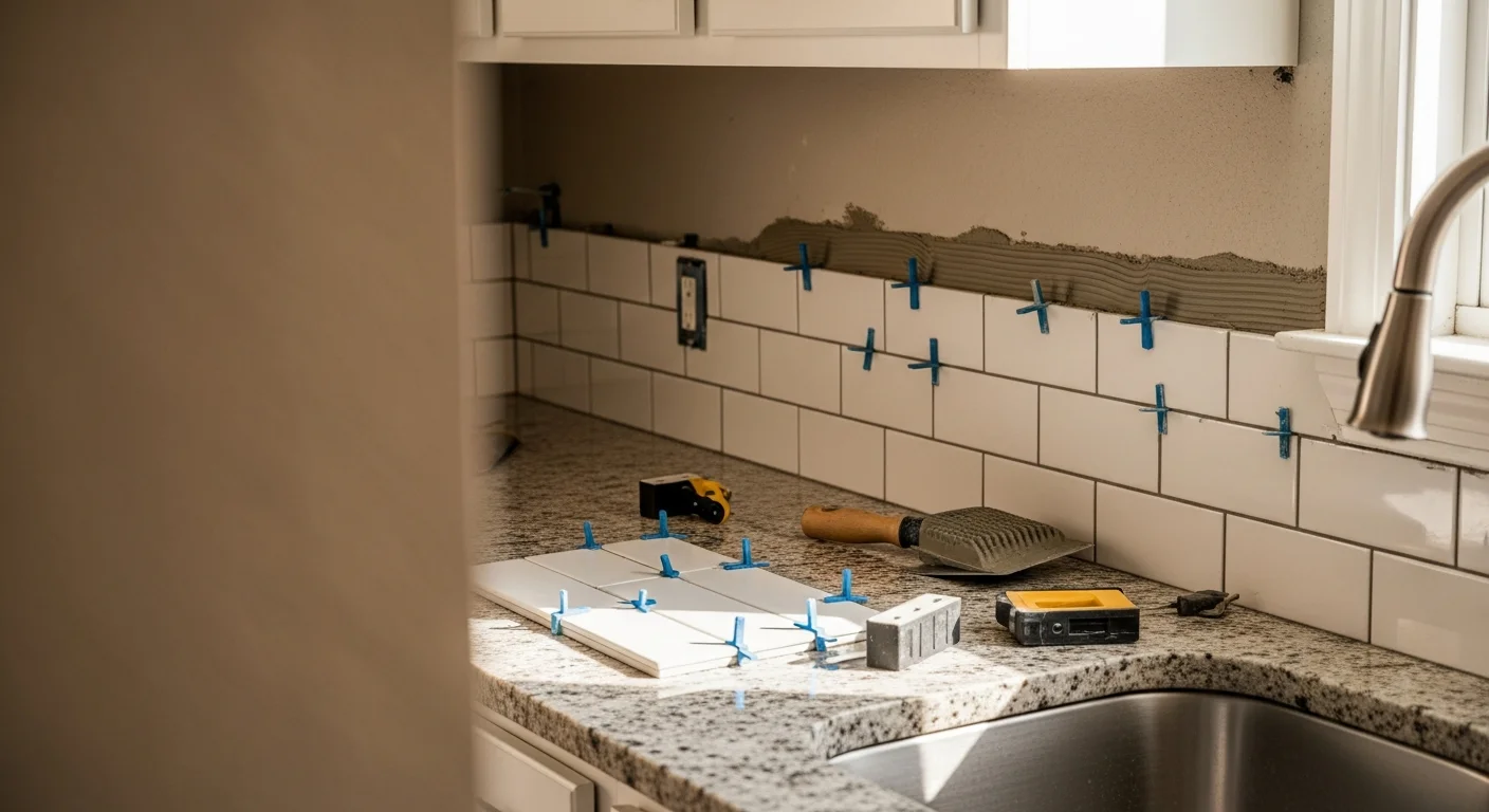 Freshly installed tile backsplash running between the countertop and upper cabinets in a Ballwin, Missouri kitchen. Grout lines are clean and even, with precise cuts made around a wall outlet near the sink area.