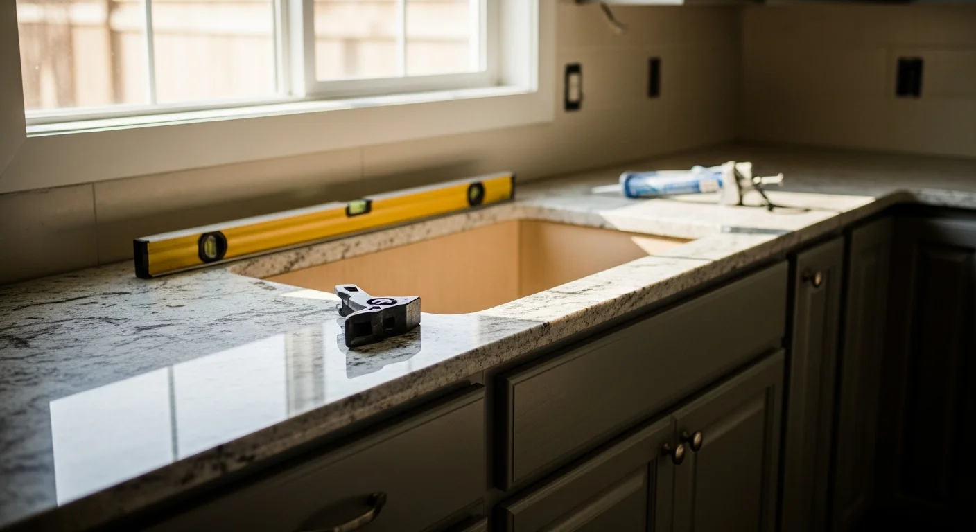 Newly installed stone countertop on white kitchen cabinets in a Ballwin, Missouri home, with a stainless steel sink set flush into the surface and clean sealed seams along the edges.