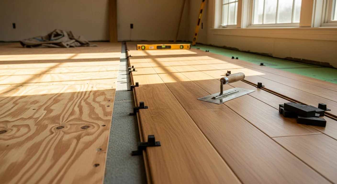 Freshly installed laminate flooring with tight seams and clean transitions in the main living area of a single-family home in Ballwin, Missouri. The wood-look planks run parallel to the longest wall, with base molding reinstalled along the perimeter.