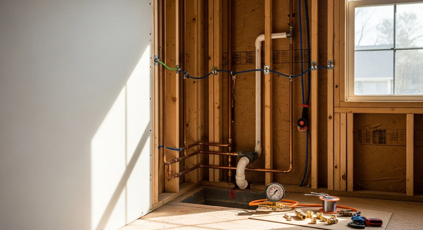A contractor installing a new kitchen sink and supply line connections in a Ballwin, MO home during a kitchen remodel. The work area shows exposed cabinetry framing and new copper supply lines being fitted beneath the sink basin.