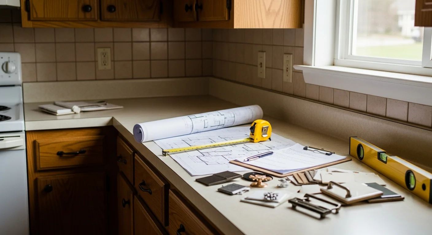 A Ballwin homeowner and a general contractor reviewing a remodeling plan inside a 1980s split-level home with an outdated kitchen layout. The contractor points to structural details near the kitchen wall during a pre-project consultation walkthrough.